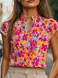 Women'S Elegant Fashion Floral Print V-Neck Commuter Shirt - Rose Red