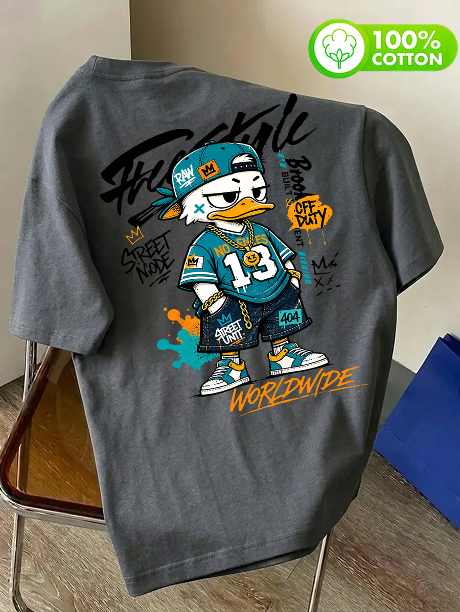 Pure Cotton Crew Neck T-Shirt, Unisex, Trendy Cool Duck, No. 13 Jersey, Multi-Element Badge, Double-Sided Front and Back Print with Letters, Breathable and Non-Sticky Back, Casual and Versatile, Suitable for Commuting, Sports, Outdoor Travel - Dark Gray