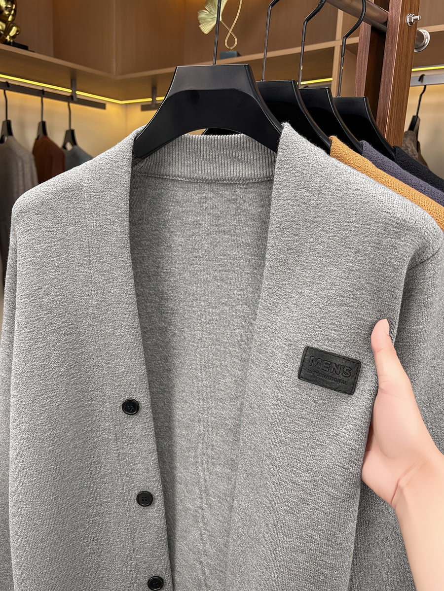 1pc Spring Autumn Men'S V-Neck Cardigan Knit Jacket Single Fake Button Cardigan Sweater Easy All-Match Casual Outerwear Knit Top - Light Grey