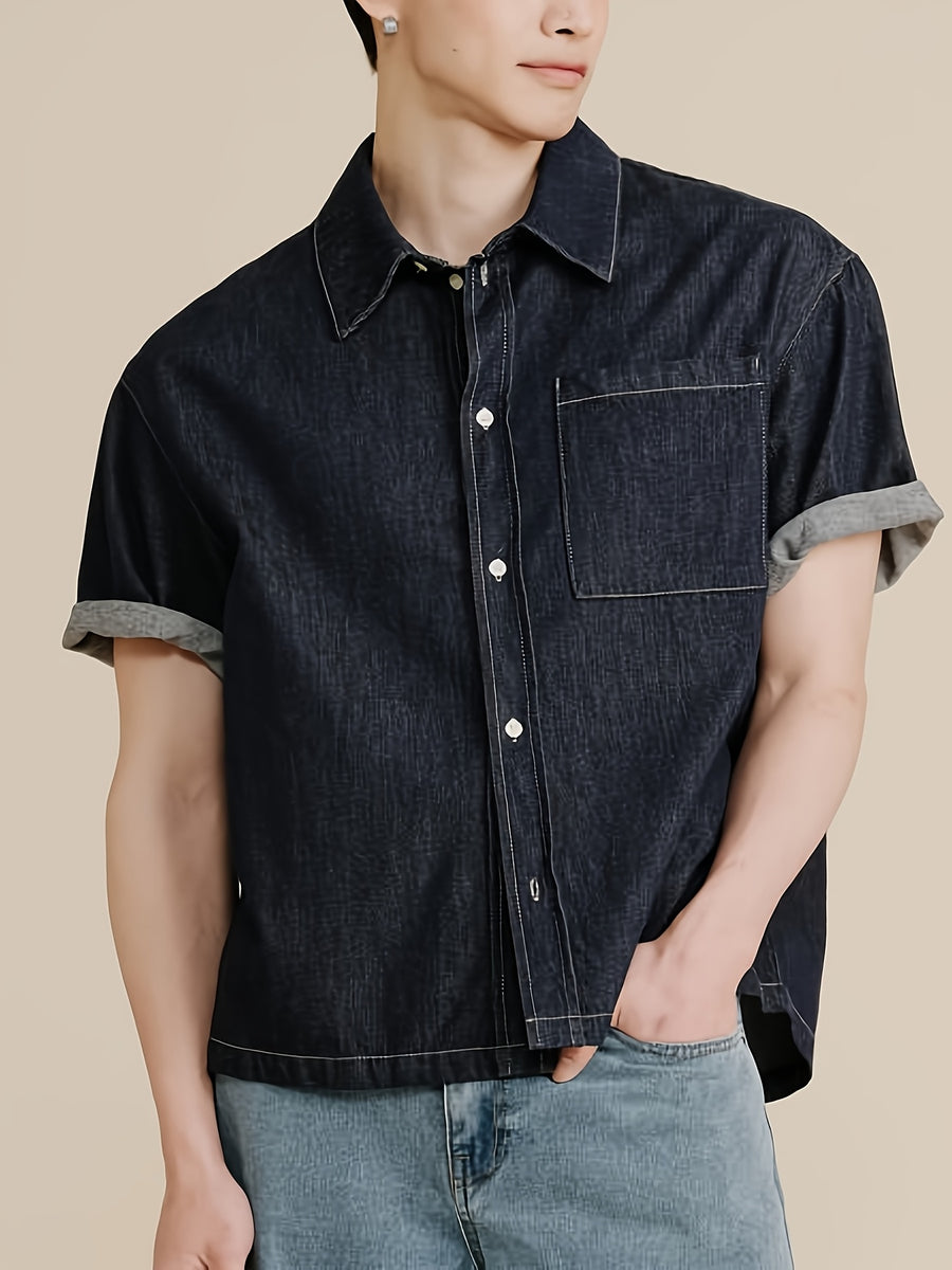 Ling Jiu Jiu Select Men's Casual Fashion Denim Cropped Shirt - Black