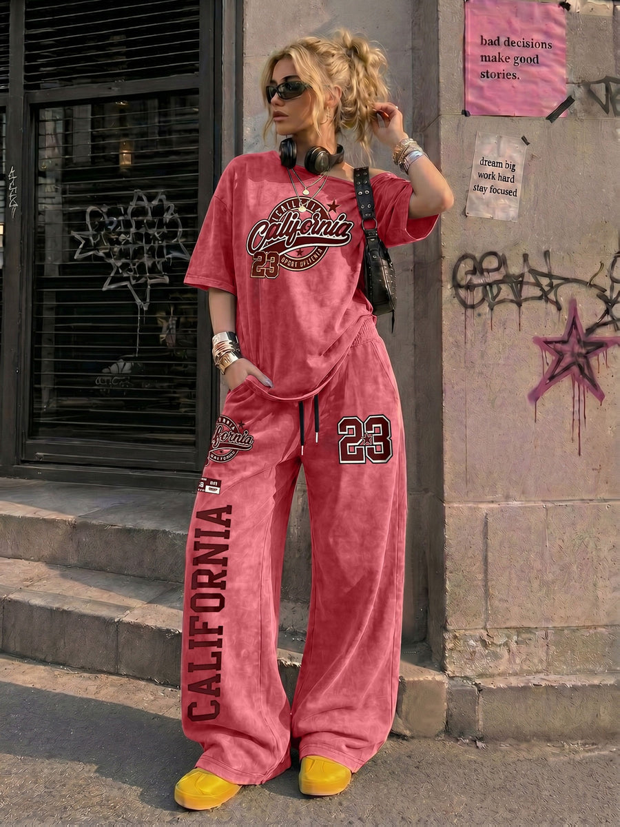 Retro American California Size 23 Number Print New Spring Summer Casual Jersey Sportswear, Street Sport Style Women'S Washed Off-Shoulder T-Shirt And Long Pants Two-Piece Set, Washed Suit, American Street College Style - Red
