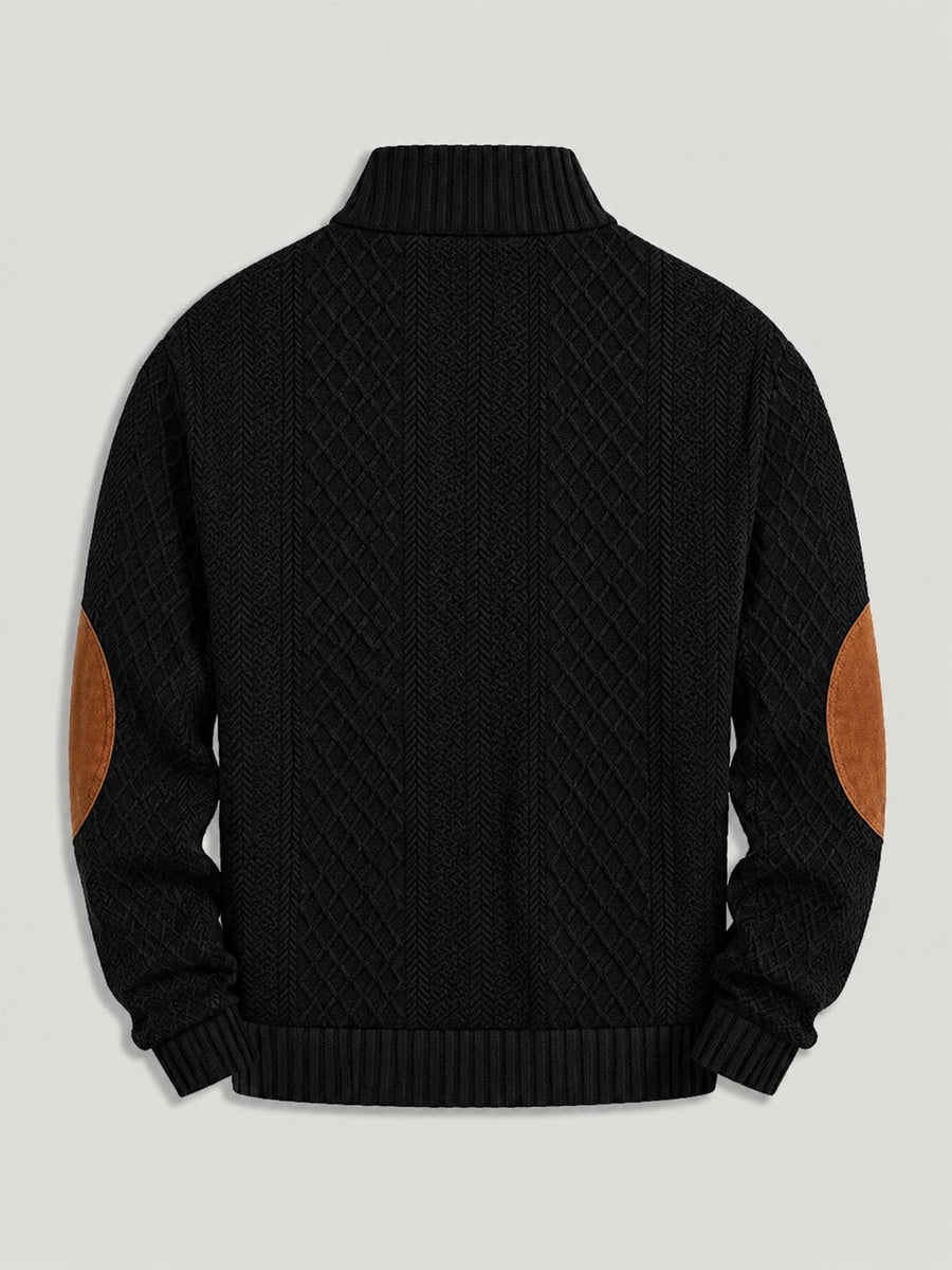 Men'S Henley Collar Knit Polo Sweater, Retro Checkered Jacquard Sweater, Patchwork Decor Long Sleeve Top, Casual Outdoor Wear - Black