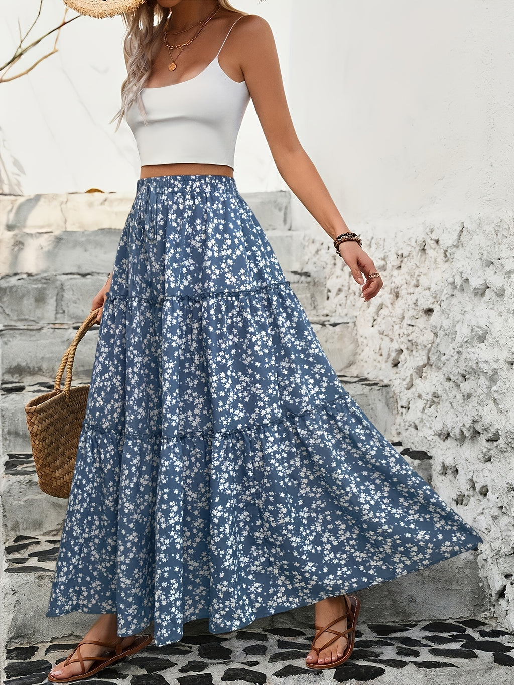 Multi-layer Ruffled Elegant Drawstring Floral Print Spring-summer Three-tier Cake Skirt - Multicolor