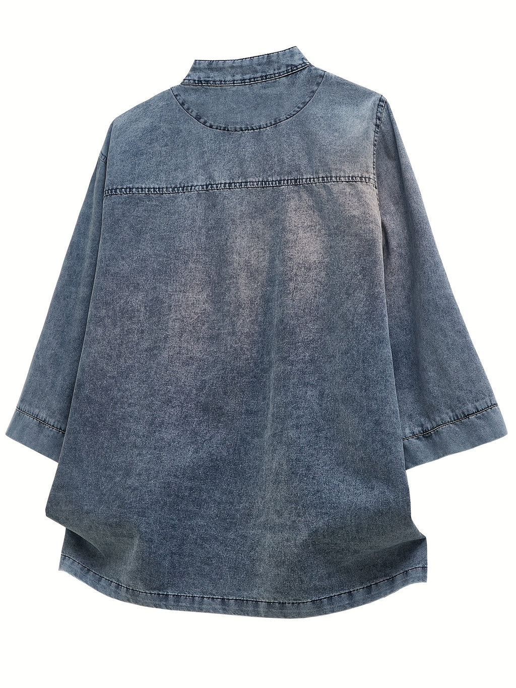 Xingmengzhi OBM Men's Denim Shirt, Three-Quarter Sleeve Loose Fit New Chinese Style Chinese-Inspired Button-Up Top, Stand Collar Thin Denim Cardigan - Blue