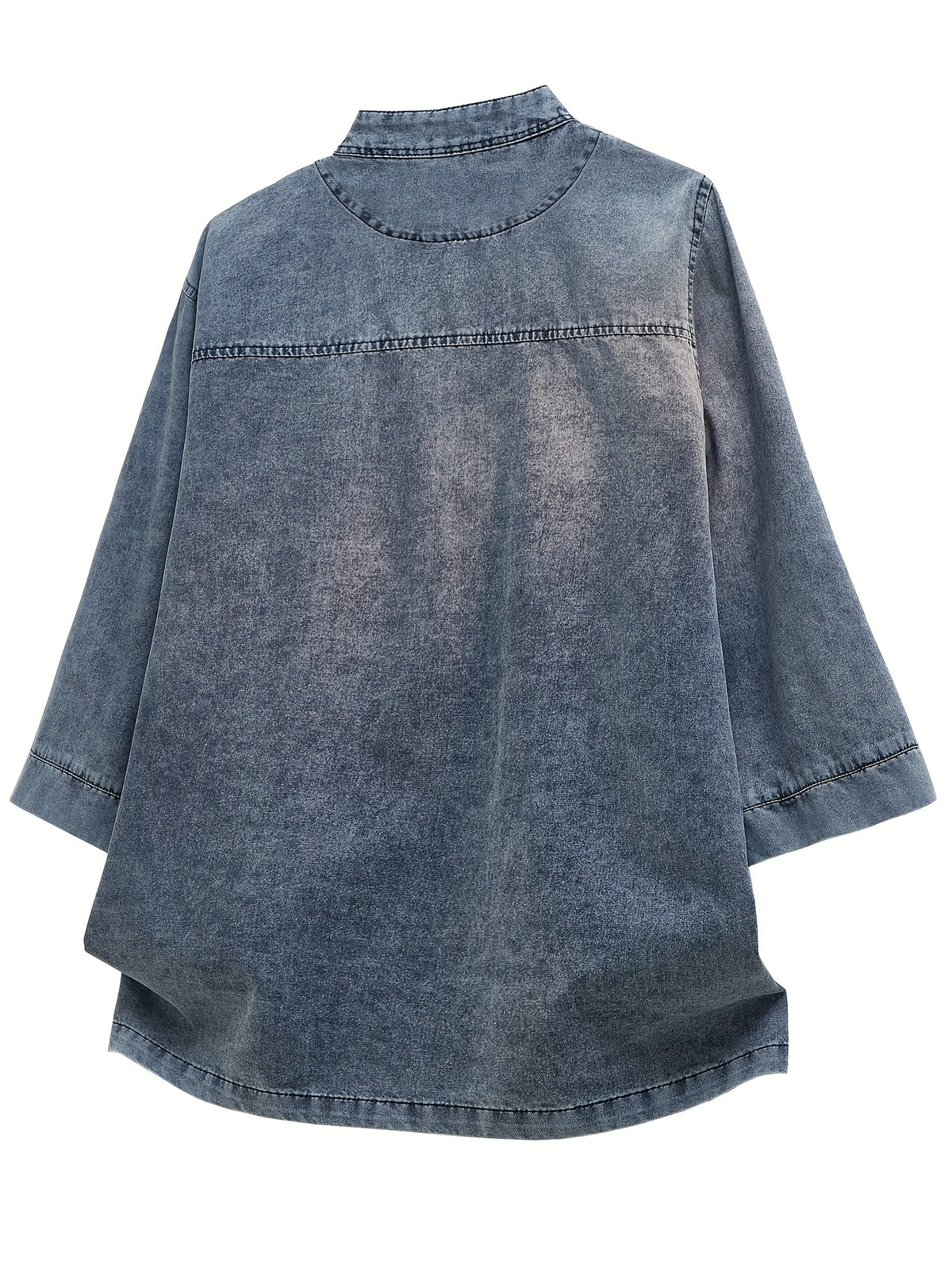 Xingmengzhi OBM Men's Denim Shirt, Three-Quarter Sleeve Loose Fit New Chinese Style Chinese-Inspired Button-Up Top, Stand Collar Thin Denim Cardigan - Blue