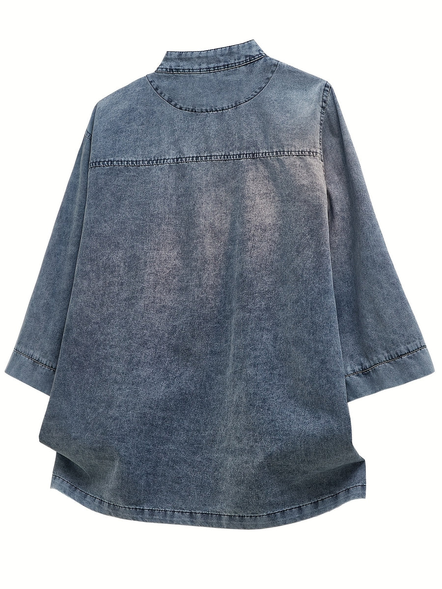 Xingmengzhi OBM Men's Denim Shirt, Three-Quarter Sleeve Loose Fit New Chinese Style Chinese-Inspired Button-Up Top, Stand Collar Thin Denim Cardigan - Blue
