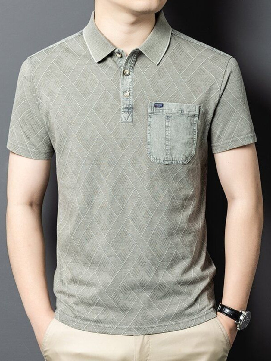 Men'S Washed Distressed Denim Style Polo Shirt, Blend Jacquard Breathable Short Sleeve Middle-Aged Dad Wear - Gray Green
