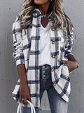 Fashion Women's Casual Plaid Random Print Turn- Collar Long Sleeve Pocket Loose Shirt Top - White