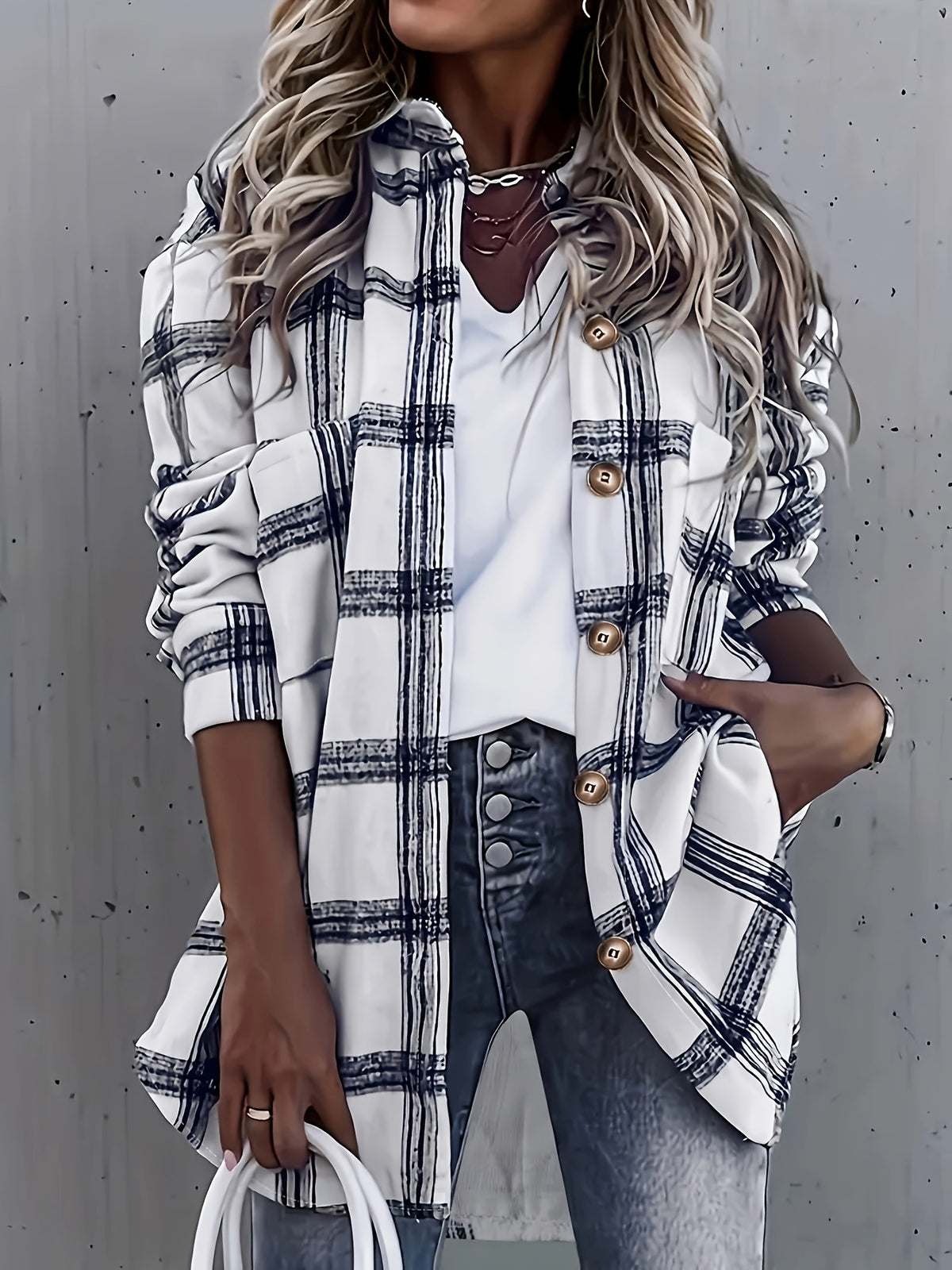Fashion Women's Casual Plaid Random Print Turn- Collar Long Sleeve Pocket Loose Shirt Top - White