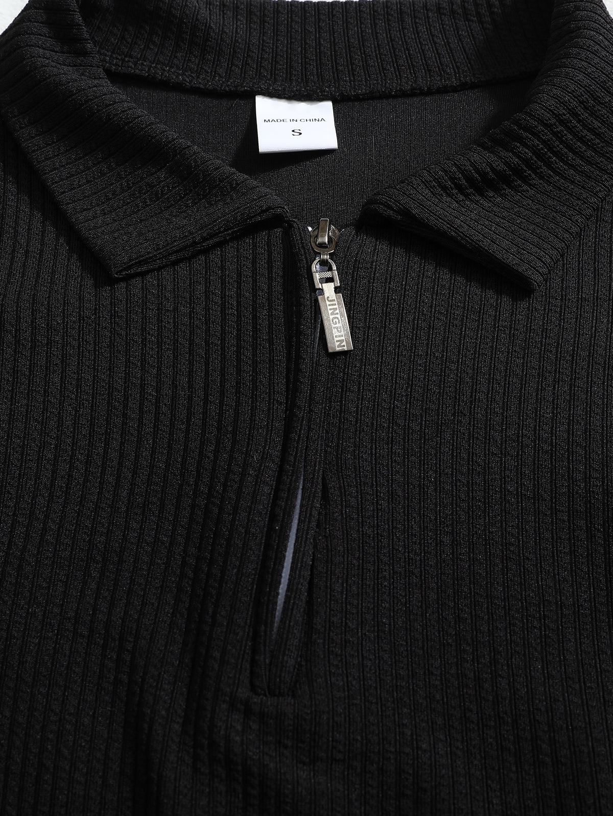 Men'S Autumn Season Long Sleeve Lapel Shirt Outdoor Casual Sports Print Half-Zip POLO Shirt - Black