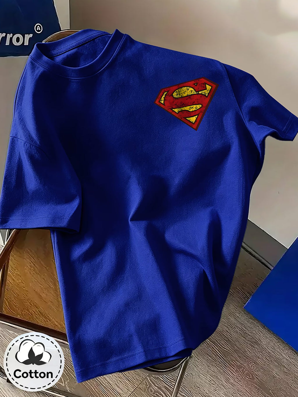Unisex Summer Loose Round Neck Short Sleeve T-Shirt, Suitable for Daily Commute, Street Outings, City Travel, Friend Gatherings, And Casual Wear, Large Area Distressed Cracked Superman Classic S Logo Artistic Print on Back - Royal Blue