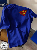 Unisex Summer Loose Round Neck Short Sleeve T-Shirt, Suitable for Daily Commute, Street Outings, City Travel, Friend Gatherings, And Casual Wear, Large Area Distressed Cracked Superman Classic S Logo Artistic Print on Back - Royal Blue