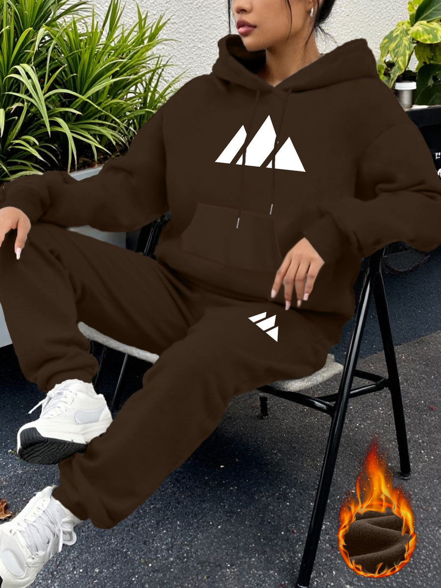 Geometric Print Women's -Lined Hooded Sweatshirt + Jogger Set, Machine Washable Pullover for Autumn/Winter, Soft Fabric, Versatile Daily Wear, -Lined Design, 100% Polyester, Ideal for Outdoor Sports, Durable and Comfortable Material, Warm and Stylish - Coffee Brown