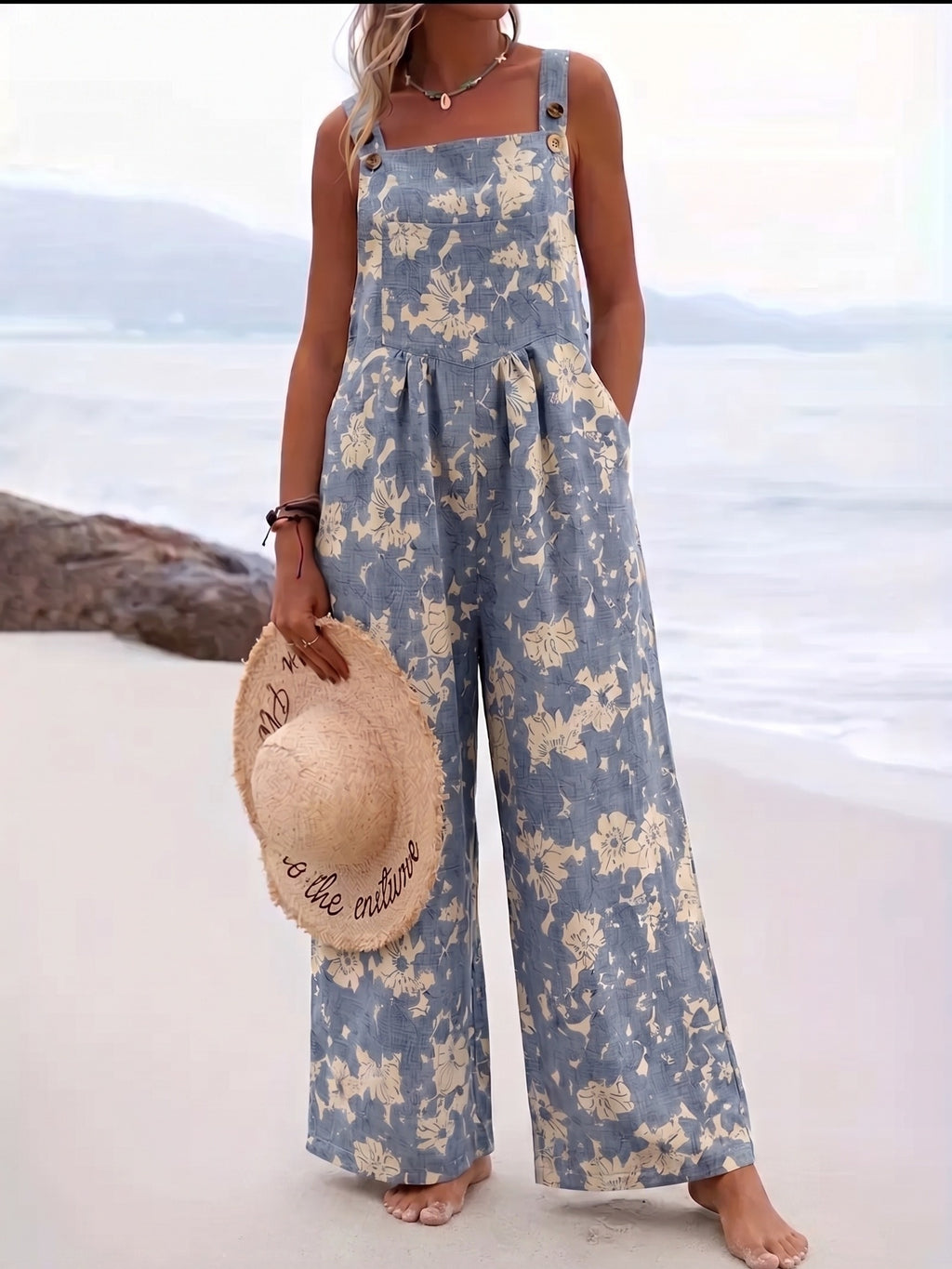 Retro Blue Base Beige Floral Print Overalls Wide Leg Jumpsuit Women'S Summer Loose Sleeveless Cargo Overalls Beach Vacation Lazy Style Drop-Waist Straight Casual Long Pants - Vibrant Blue