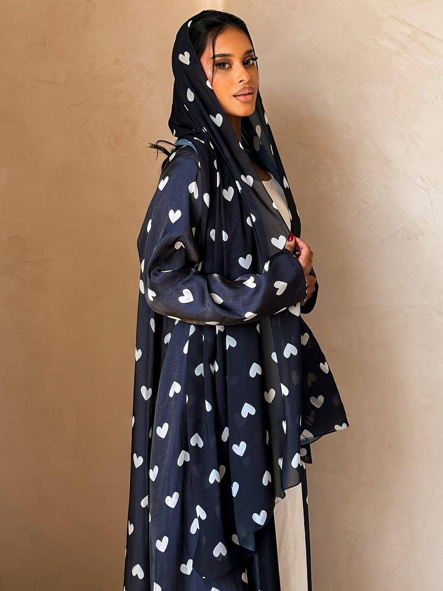 1 Set Heart Print Satin Abaya Set With, Elegant Flare Maxi Open Abaya for Women - Navy Color
