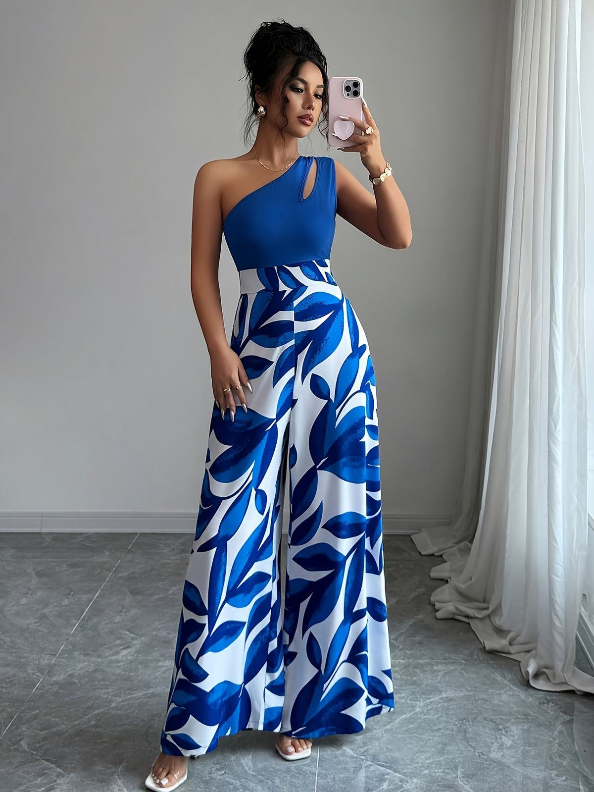 Women's Elegant Off-Shoulder Floral Print Jumpsuit - Blue