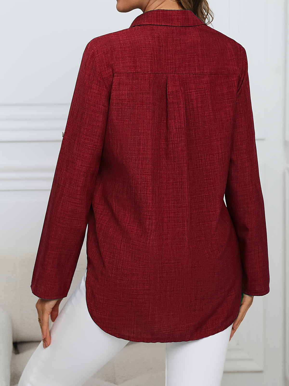 Women'S Casual Button-Up Collar Shirt - Solid Color Loose Fit Top, Women'S Blouse, Machine Washable Non-Sheer, Suitable for Spring And Autumn Wear, for Casual And Professional Attire, Fall Outfit, Classic Shirt, Quality Stitching, Office Women - Burgundy