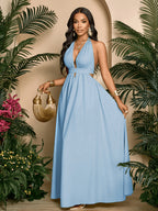 Women'S Solid Color Backless Cami V-Neck Vacation Beach Cross-Strap Backless Maxi Dress Vacation Beachwear Bridesmaid Dress - Blue