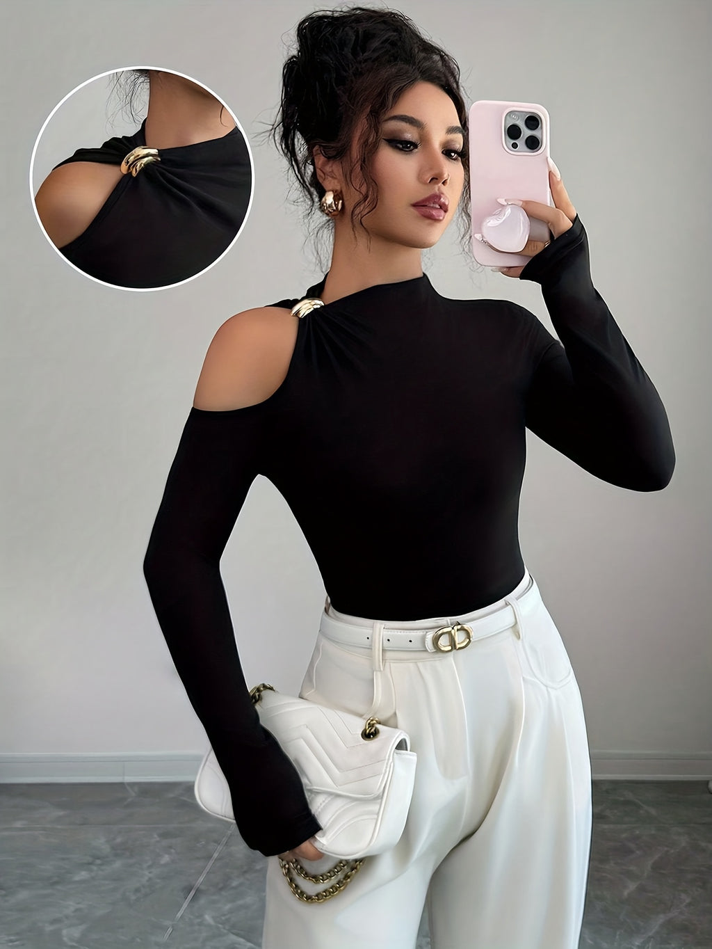 Women's Fashion Slant Collar Design with Metal Decoration Autumn Winter Long Sleeve Top - Black