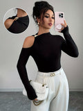 Women's Fashion Slant Collar Design with Metal Decoration Autumn Winter Long Sleeve Top - Black