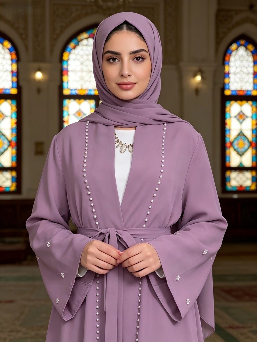 1pc Fashionable, Elegant And Casual, This Pearl-Studded Solid-Colored Abaya Cardigan Is Perfect for Everyday Wear. It Is Loose And Comfortable for Women. Muslim Women Clothes Abayas for Women Muslim Long Frocks for Women Jebba Tunisienne Femme - Light Purple