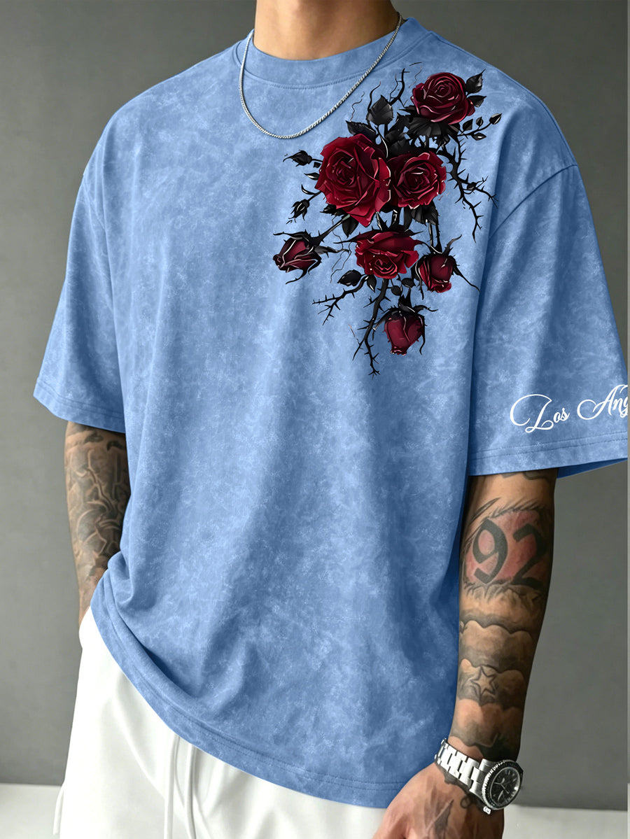 Men's Vintage Distressed Dark Red Thorn Rose Print T-Shirt - Streetwear Crew Neck Short Sleeve Top with Suitable for Casual Summer Wear, Machine Washable Regular Fit Gothic Rose for Layering & Everyday Outfits - Light Blue