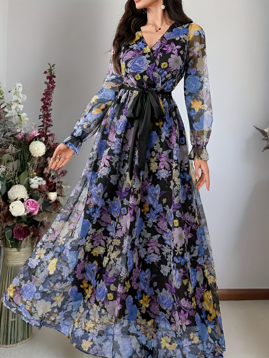 New elegant ladies cross collar lantern long sleeve waist oversized swing floral fashion mesh print romantic holiday maxi dress - Blue