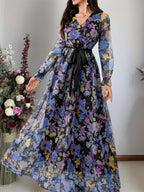 New elegant ladies cross collar lantern long sleeve waist oversized swing floral fashion mesh print romantic holiday maxi dress - Blue