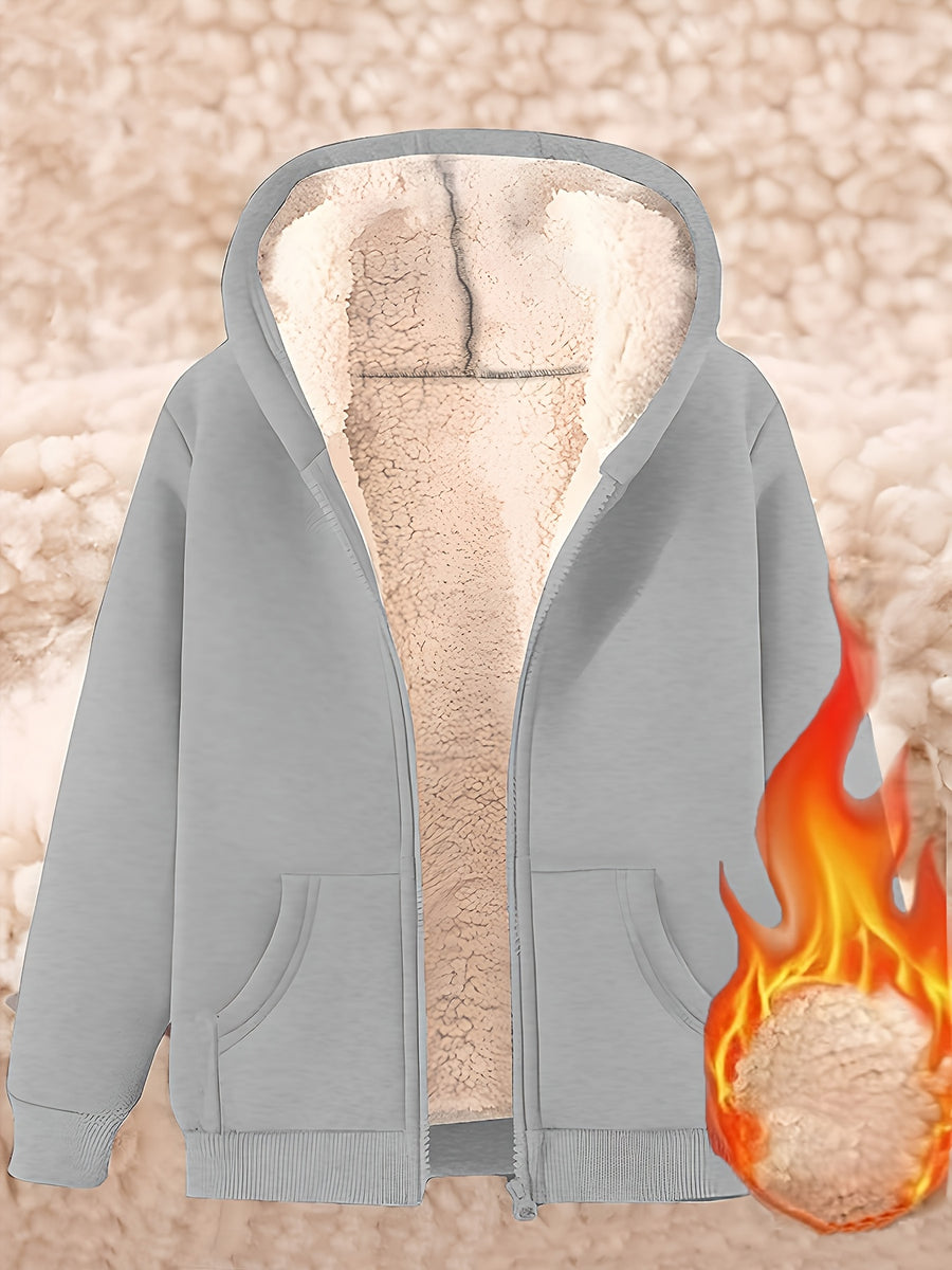[Autumn Winter] Women'S Autumn Winter New Casual Warm Winter Fleece Hooded Sweatshirt Jacket - Grey