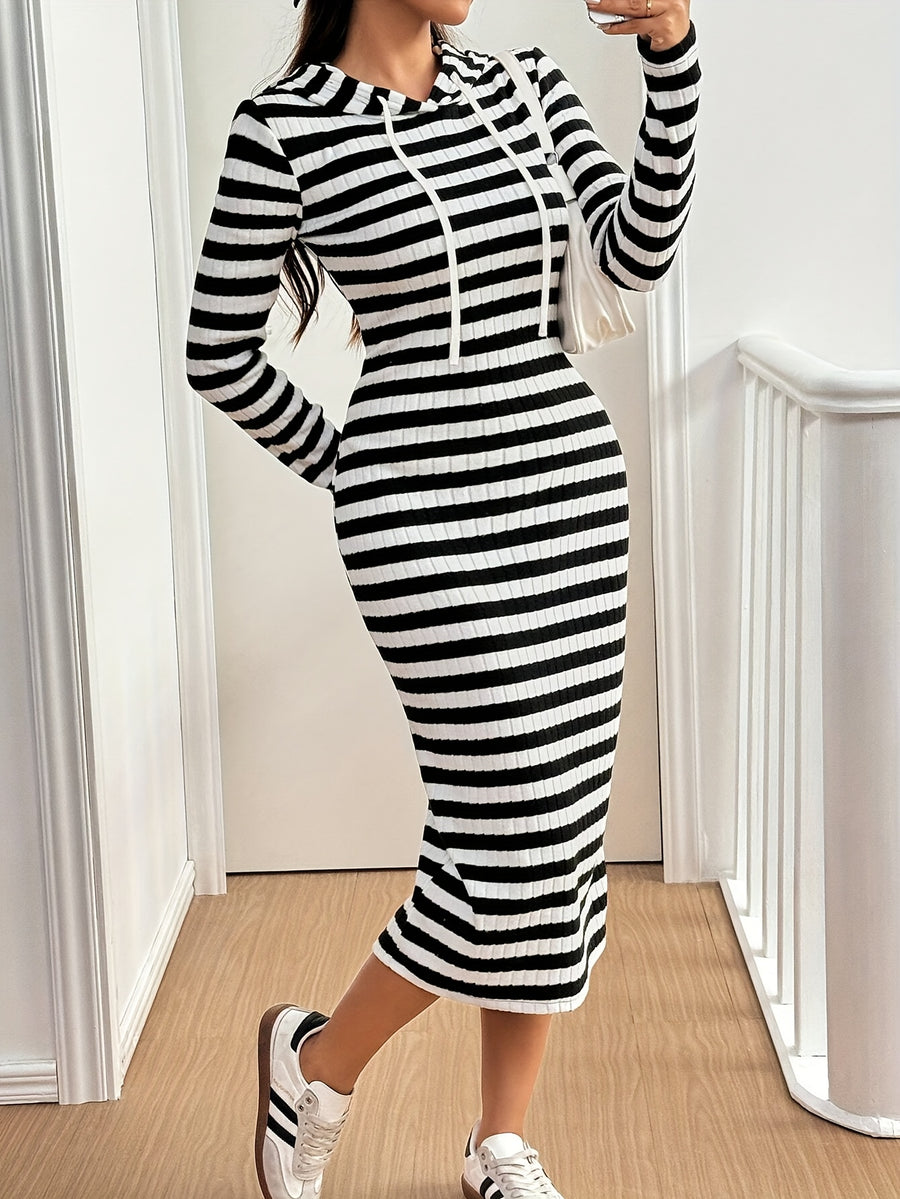 YY0615059 Elegant Classic Striped Long Sleeve Hooded Dress for Women, Suitable for Spring And Autumn Commute - Black And White