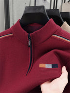 ZBZP Autumn Winter Knit 3D Solid Half-Zip Stand Collar Sweater, Basic Knit Pullover Top for Men, Fashionable Long Sleeve Sweater ZM - Burgundy