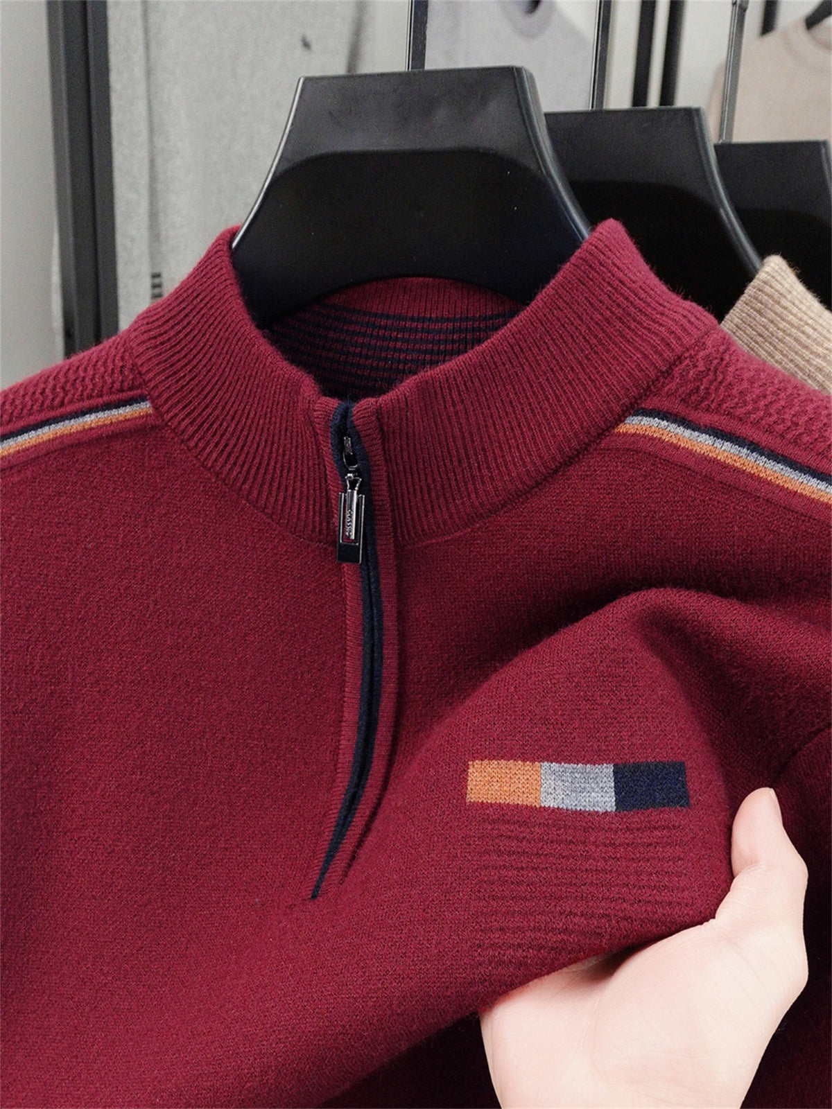 ZBZP Autumn Winter Knit 3D Solid Half-Zip Stand Collar Sweater, Basic Knit Pullover Top for Men, Fashionable Long Sleeve Sweater ZM - Burgundy