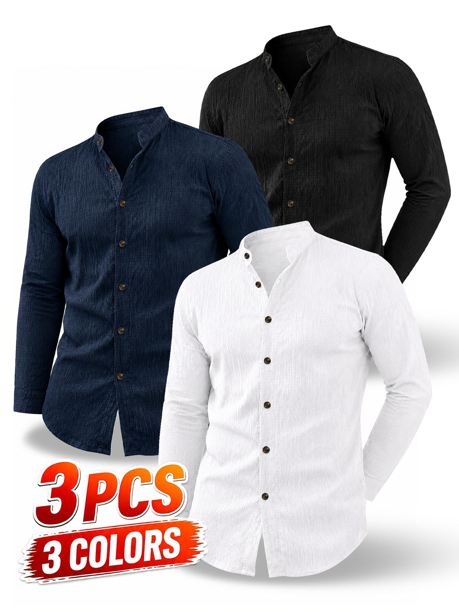 [Know And Give OBM] 3pcs Men'S Casual Long Sleeve Shirts - Lightweight Breathable Solid Color Stand Collar Summer Shirts, Adjustable Cuff with Double Buttons, Suitable for Beach Vacations, Pool Parties, And Outdoor Activities, Ideal Gift - Navy blue+white+black