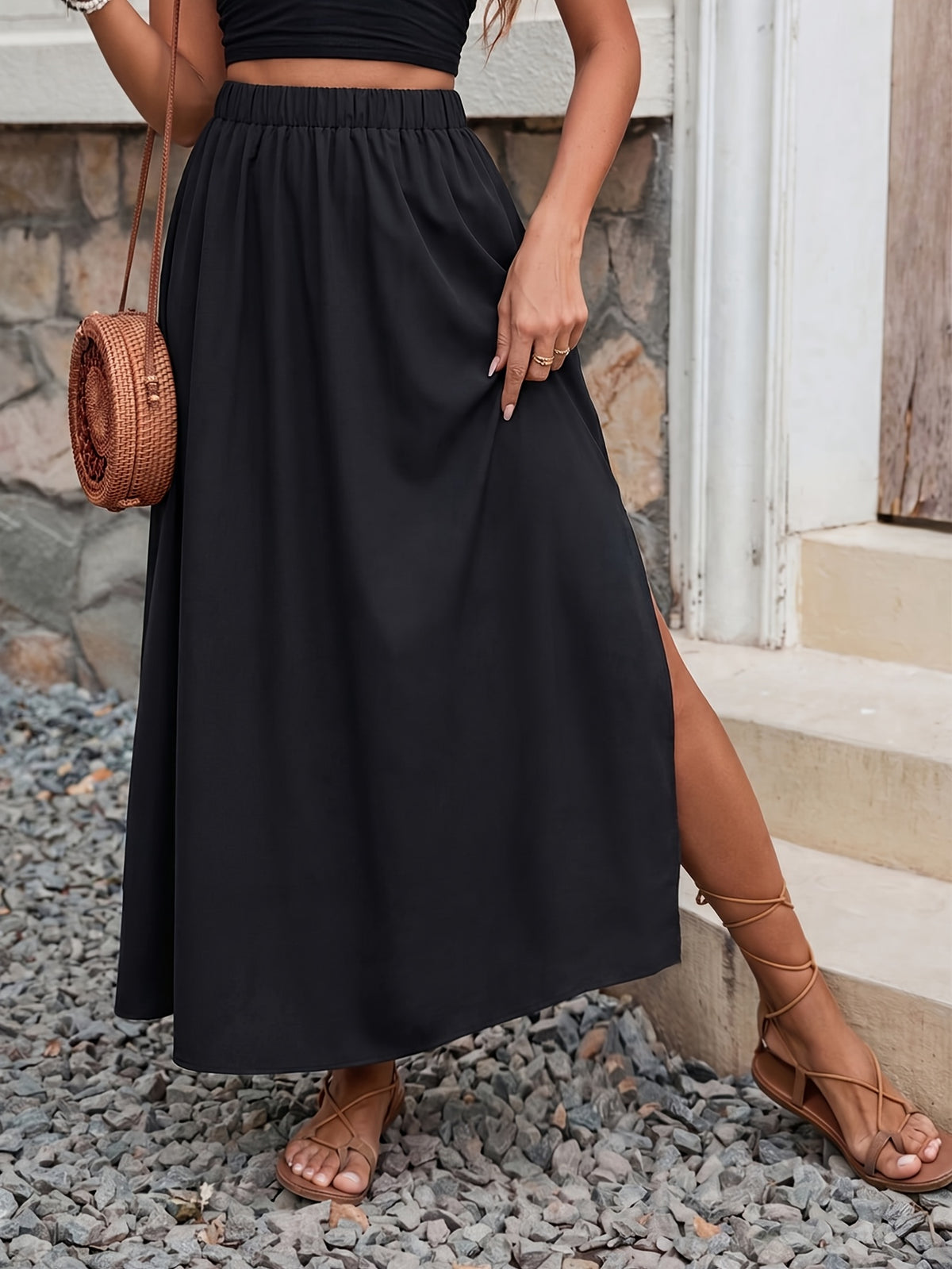 DJ260423739 Elegant Women's Solid Color Versatile Side Slit Loose Half Skirt - Black