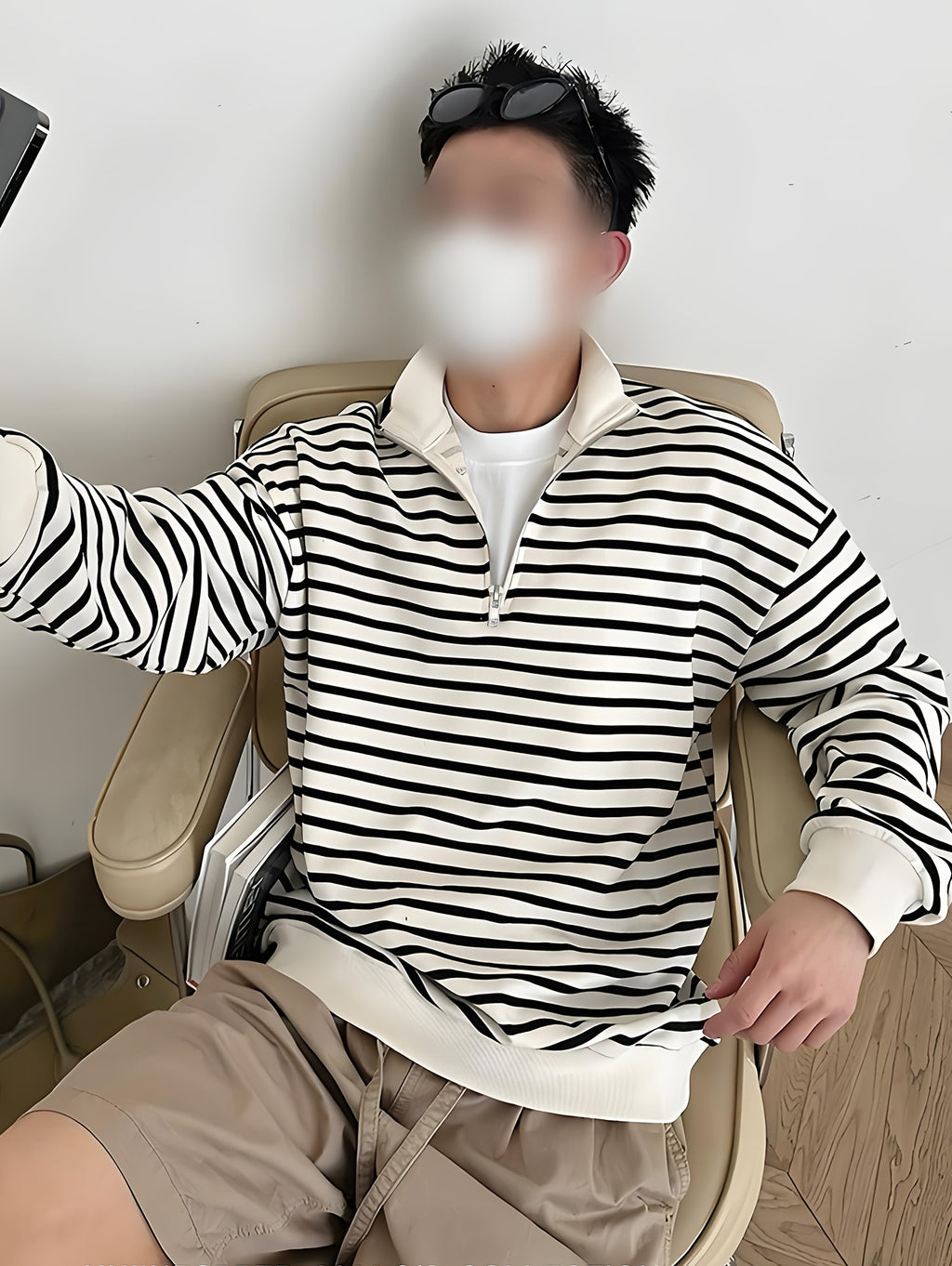 Men's Sweatshirt, Spring/Autumn Style, Japanese-Inspired Minimalist Design with Zipper and Stripes, Trendy Men's Brand, Versatile for Couples, Casual Long-Sleeve T-Shirt Top, In Stock - White