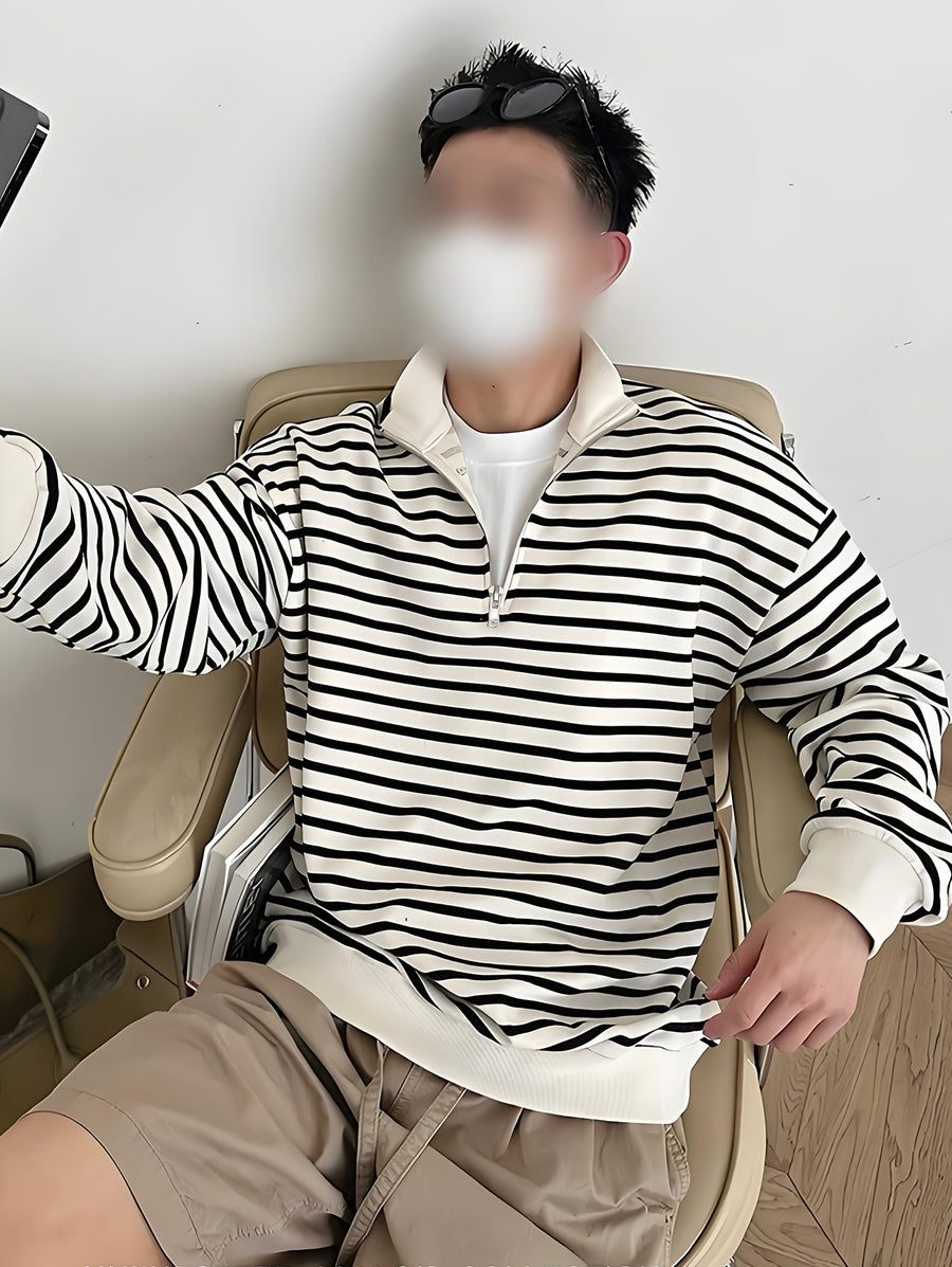 Men's Sweatshirt, Spring/Autumn Style, Japanese-Inspired Minimalist Design with Zipper and Stripes, Trendy Men's Brand, Versatile for Couples, Casual Long-Sleeve T-Shirt Top, In Stock - White