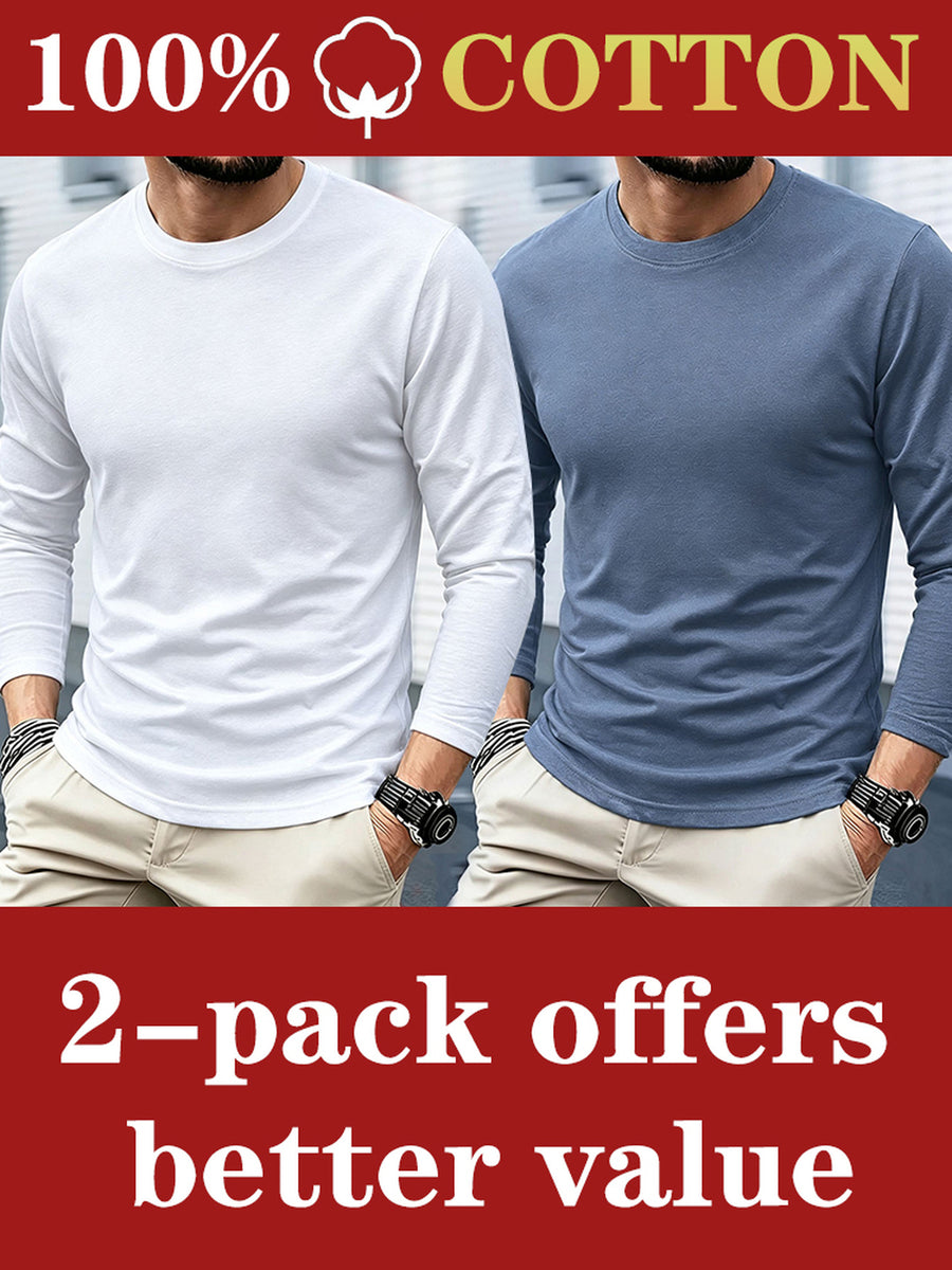 2pcs - 100% Men's Long Sleeve T-Shirt, Fabric, Comfortable and Breathable, Suitable for All Seasons, Essential for Casual Outings, Machine Washable - Combination Color 5