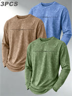 3pcs Set Vintage Distressed Long Sleeve Men'S Washed Soft Skin-Friendly Commuter All-Match Base Long T-Shirt - Green+Khaki+Light Blue