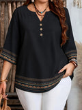 Women's Ethnic Style Printed Three-Quarter Sleeve Top with V-Neck, Wooden Buttons, Loose Fit, Belly-Covering Black Chiffon Blouse. Vintage Geometric Totem Print. Suitable for Daily Commuting, Outings, Vacations, and Versatile Layering or Wearing - Mixed colors