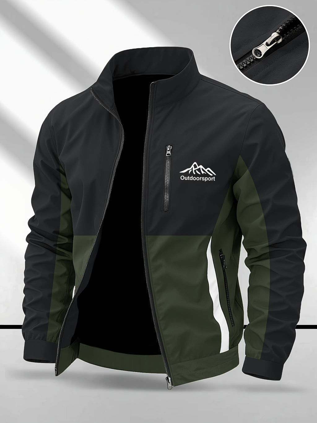 Men's Color-Block Spliced Stand-Collar Jacket, Spring/Autumn Outdoor Windproof Top, Trendy Casual Sporty Versatile Printed Jacket - Olive Green