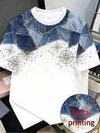 Men's Short-Sleeve T-Shirt, Imitation Denim Patchwork Compass Print, Suitable for Young Fashionable Men Who Seek Personal Expression and Love Streetwear Culture. Digital Print - No Texture - Mixed colors