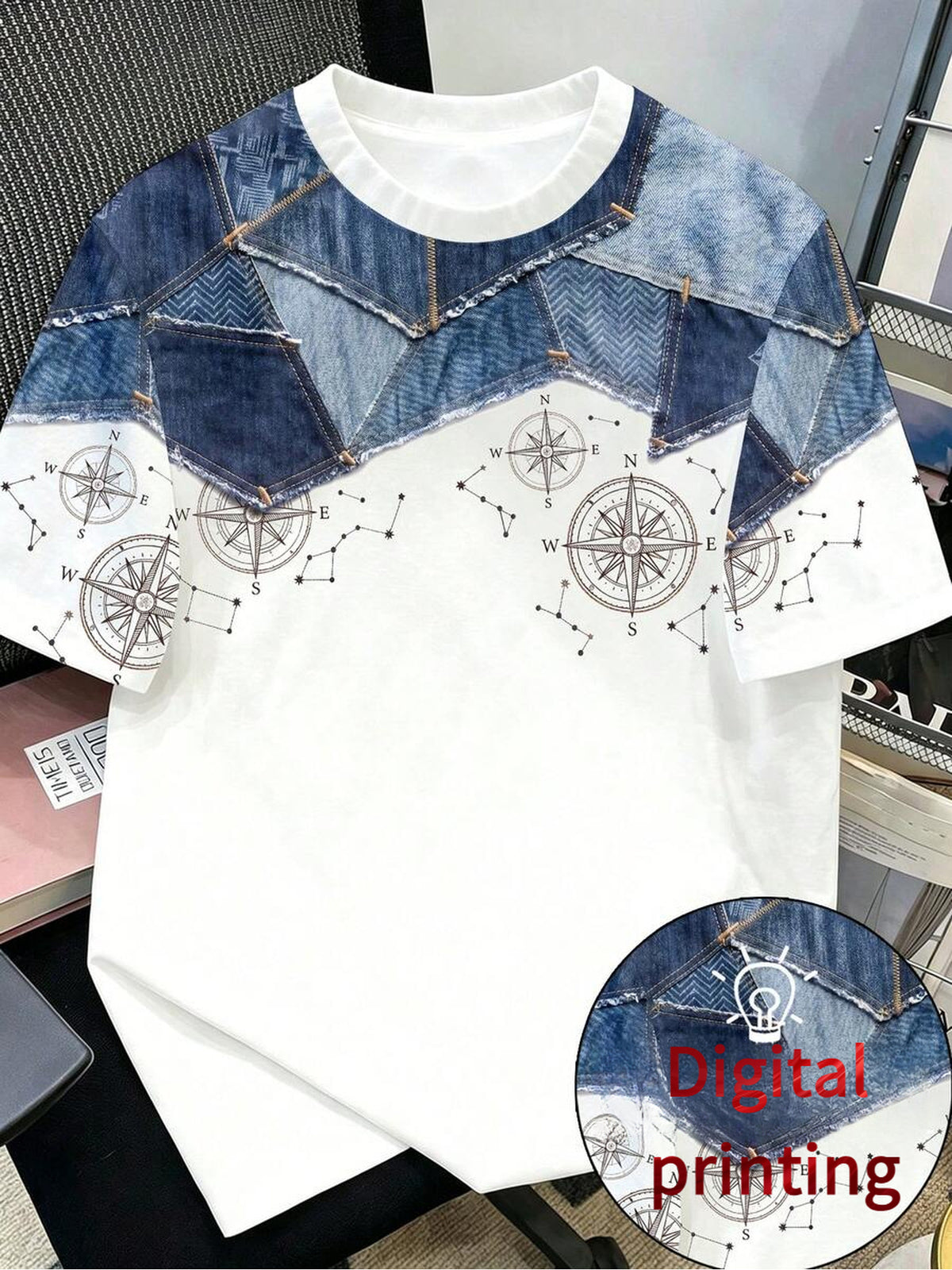 Men's Short-Sleeve T-Shirt, Imitation Denim Patchwork Compass Print, Suitable for Young Fashionable Men Who Seek Personal Expression and Love Streetwear Culture. Digital Print - No Texture - Mixed colors