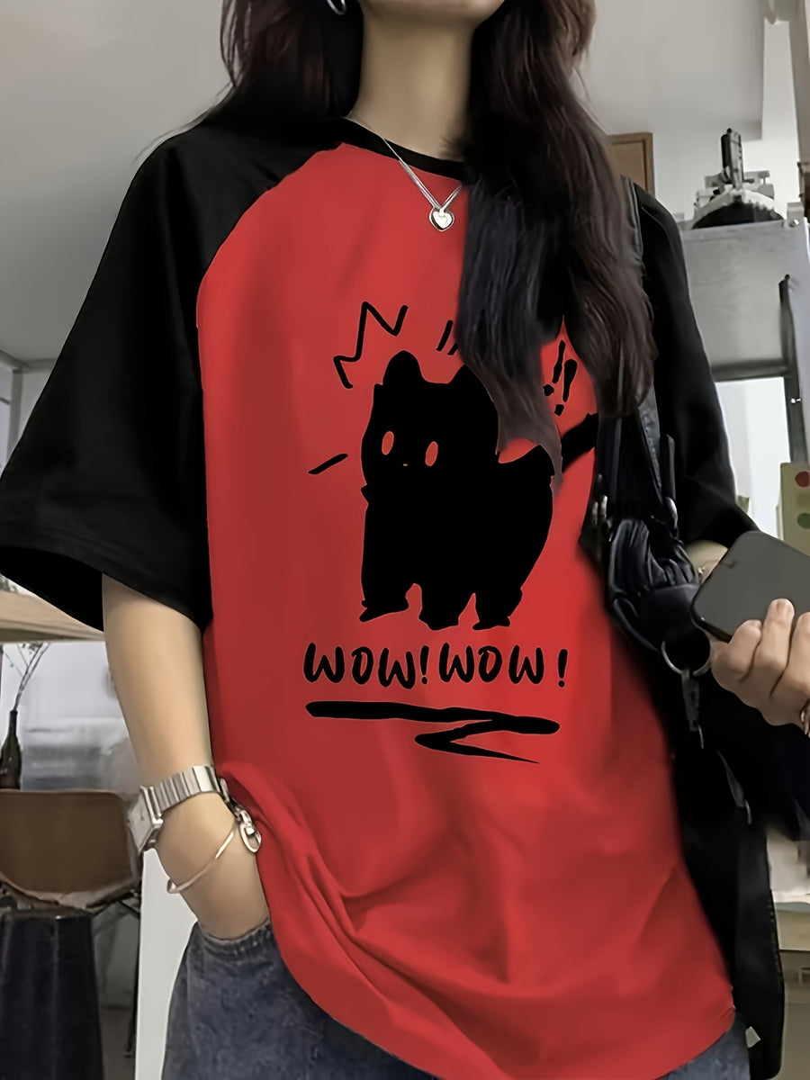 Comfortable And Stretchy T-Shirt, Casual Style, Fabric, Mid-Length Style, Suitable for All Seasons, Y2K Style Raglan Sleeve Round Neck Top with Cute Cat Pattern And Letter Print - 【Red】