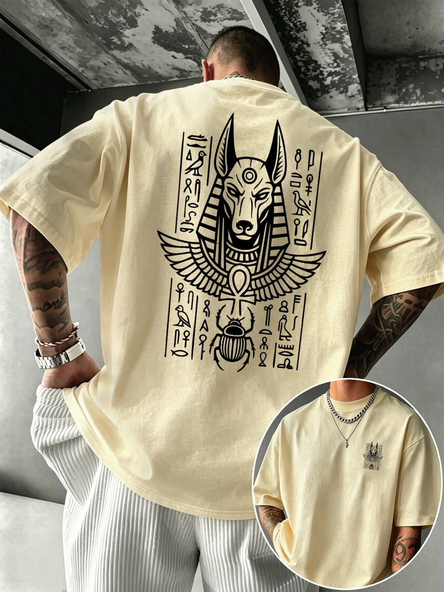 Men's 100% Pure Cotton T-Shirt with Anubis Scarab Egyptian Element Print, Casual, Comfortable, and Breathable for All Seasons - Apricot