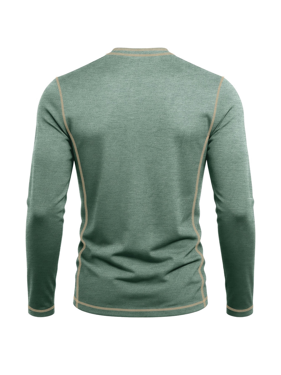 Men's Retro Patchwork T-Shirt - Solid Color Base with Contrast Patch Suitable for Fall/Winter, Round Neck Long Sleeve Casual Layering Top, Machine Washable Blending Shirt for Outdoor & Casual Attire (Regular Fit) - Green
