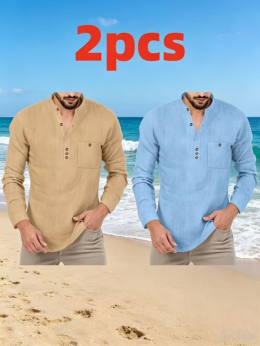 Father's Day Gift Men's Long Sleeve Henley Collar T-Shirt Two-pc, Multiple Colors Available, Casual Top, Simple and Versatile Style for Daily Commuting, Leisure, and Relaxed Wear - Khaki+Sky Blue