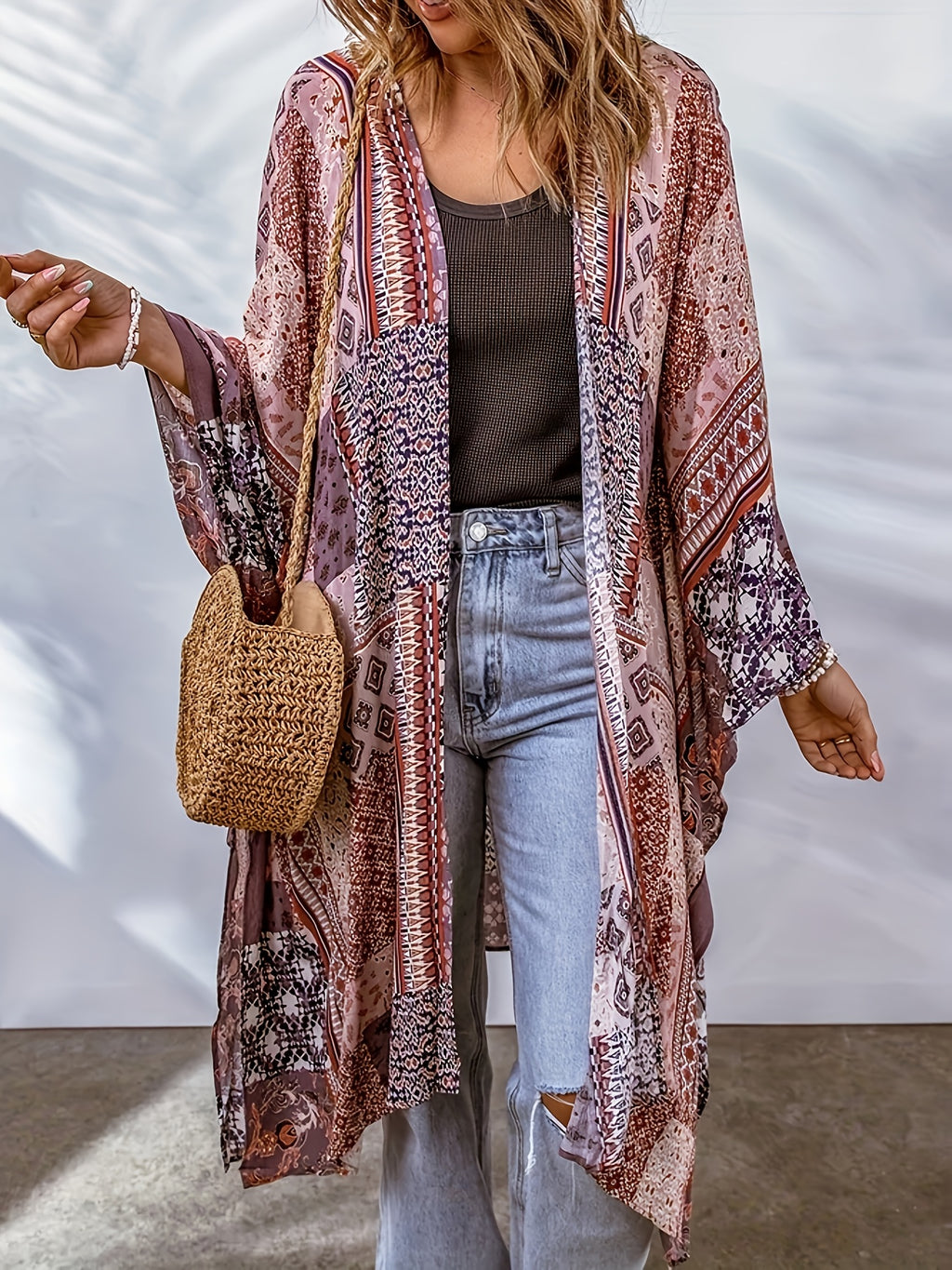 Women's Bohemian Casual Elegant Beach Vacation Summer Thin Long Sleeve Jacket - Pink