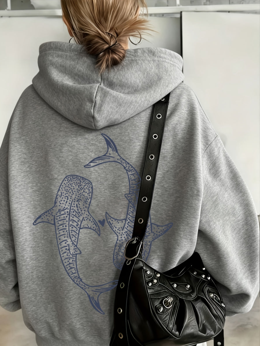 European and American Vintage Minimalist Artistic Style Top, Whale Shark Print Pattern Hooded 1pc Women's Sweatshirt, Loose Autumn/Winter Pullover Top, Relaxed Oversized Fit, Street Hip-Hop Style, with Kangaroo Pocket, No Drawstring - Light Gray