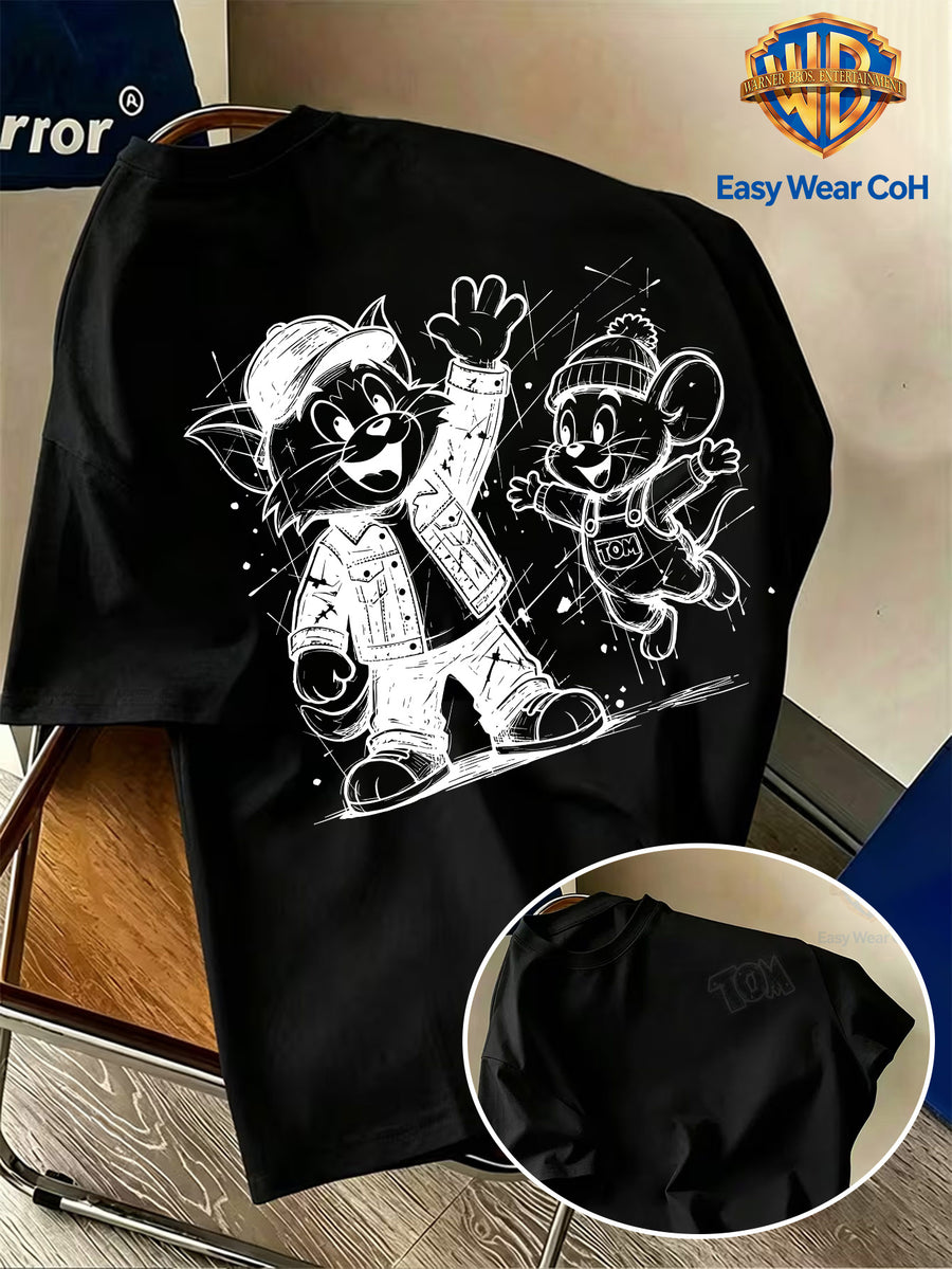 Warner Authorized New Preppy Style Men'S Short Sleeve T-Shirt, Hand-Drawn Sketch Style Cartoon Creative Niche Pattern Print, Chest with "TOM" Letter Sketch, Unique And Non-Mass-Produced, Comfortable Breathable Skin-Friendly Fabric - Black
