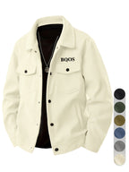 Men's American-style Corduroy Casual Jacket, Simple Casual Style, Lapel Collar, Single-Breasted with Multiple Pockets, Letter Embellishment, Comfortable Draping Fabric, Versatile Men's Apparel for Office Workers' Commuting and Outings in Spring - Milky White